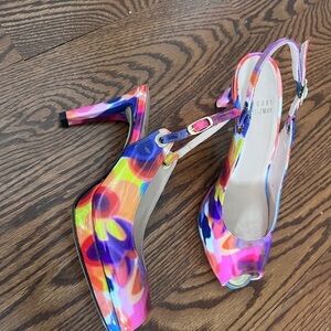 Stuart Weitzman Rainbow Multi-Color Sling Back Peep Toe Wedge size 4